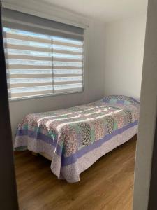 ein Schlafzimmer mit einem Bett mit einer Decke darauf in der Unterkunft Casa de Huéspedes en Paine in Paine