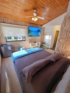 1 dormitorio con 1 cama grande y ventilador de techo en Reñaca House Bed & Breakfast, en Viña del Mar