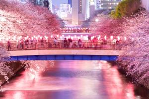 a group of people walking across a bridge over a river at Shibuya Hana House in Tokyo