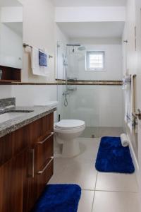 a bathroom with a toilet and a blue rug at Welcome to our Ocean View Villa! in Lucea