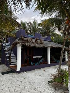 a blue house on the beach with palm trees at Hotel Maya Luna Adults Only in Mahahual