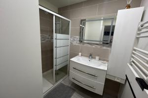 y baño con lavabo, ducha y espejo. en cosy 40 m love cocoon in Montreuil, en Montreuil