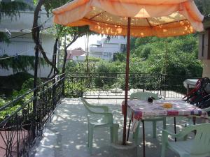 a table and chairs under an umbrella on a patio at Стаи за гости ЖАНА in Varna City