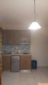a kitchen with a refrigerator and a light hanging from the ceiling at Amaryllis Hotel in Karpathos