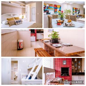 un collage de photos d'une cuisine et d'un salon dans l'établissement VARANDA GOURMET c churrasqueira-3 quartos- Wi-fi, à Bertioga