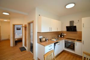 een keuken met witte kasten en houten vloeren bij Ferienappartements Pfeil in Nieder-Werbe