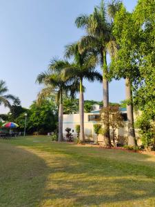 a park with palm trees and a building at Royals Moonlight Resort,Corbett in Rāmnagar