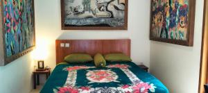 Un dormitorio con una cama con una manta de colores. en Villa Biyu Siyu, en Ubud