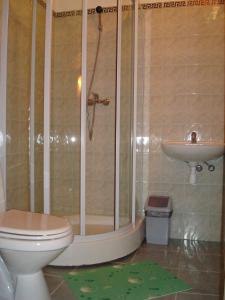 a bathroom with a shower and a toilet and a sink at Sanders Motel in Smārde