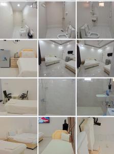 een collage van foto's van een kamer met witte meubels bij Alshumukh guesthouse in Al Ghalīlah