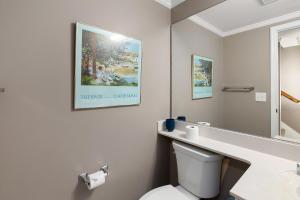 La salle de bains est pourvue de toilettes, d'un lavabo et d'un miroir. dans l'établissement 221 Olive Way, à Île de Saint-Simon