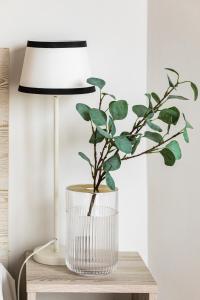 a plant in a glass vase on a table next to a lamp at Sunny Coast Studio in Pobierowo by Renters in Pobierowo