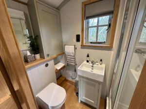 a small bathroom with a sink and a toilet at Private and peaceful stay in a Luxury Shepherds Hut near Truro in Truro