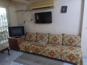 een woonkamer met een bank en een flatscreen-tv bij Blue beach villa apartments building on sea free parking free beach in Alexandrië