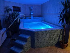 un jacuzzi en una habitación con escaleras en Meggyes Hotel, en Szerencs