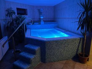 a jacuzzi tub in a room with stairs at Meggyes Hotel in Szerencs