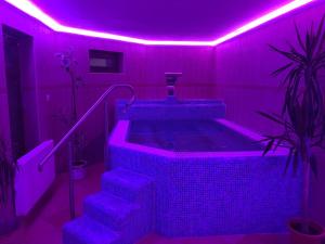 baño con bañera de hidromasaje con iluminación púrpura en Meggyes Hotel, en Szerencs