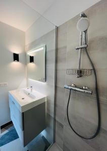 ein Bad mit einer Dusche und einem Waschbecken in der Unterkunft Appartement design d’architecte in Massy