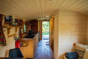 a kitchen in a tiny house with wooden walls at La Tiny House de la Bergerie in Lierneux