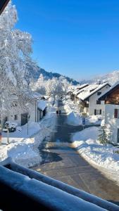 una strada ricoperta di neve con alberi ed edifici di Ferienwohnung Alpseeliebe a Immenstadt im Allgäu