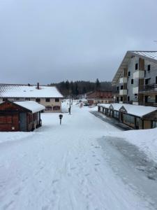 una strada innevata in una città con edifici di Villa Segny a Ségny