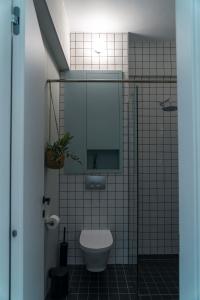een badkamer met een toilet en een spiegel bij Ba & Bu Apartment 1 in Kateríni