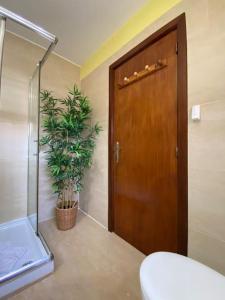 baño con puerta de madera y planta en El Olivar Paraíso Playa, en Parque Holandes