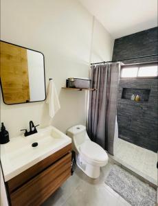 uma casa de banho com um lavatório, um WC e um chuveiro em La Ventana Apartments Torote #5 em La Ventana