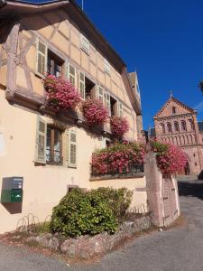 um edifício com caixas de flores ao lado em Gîte Charlotte et Suzette em Gueberschwihr