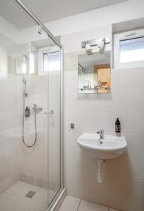 La salle de bains est pourvue d'un lavabo et d'une douche. dans l'établissement Horský Hotel Skiland, à Ostružná