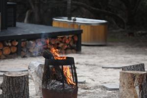 un pozo de fuego con troncos delante de él en Wild Life Cabin 2 - Grampians, en Halls Gap