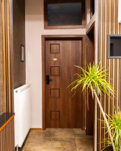 a wooden door in a hallway with a plant at HOTEL ALBES in Prizren