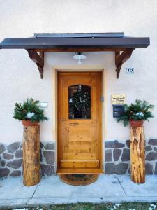 a front door of a house with two potted plants at Appartamento Pelmo in Borca di Cadore