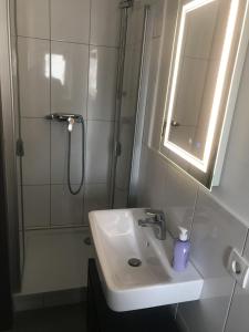 een badkamer met een wastafel en een douche met een spiegel bij Mimalou Apartment in Gößnitz in Gößnitz