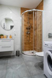 een badkamer met een douche en een toilet bij Apartament Klimatyczny - blisko centrum by Space Apart in Jelenia Góra