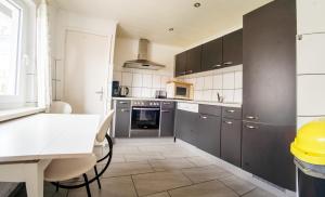 a kitchen with gray cabinets and a white counter top at Monteurzimmer an der Schlei in Rabenkirchen-Faulück