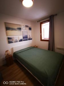 萊索爾的住宿－Le Cosy Mountain，一间卧室配有一张绿色的床,墙上挂着图片