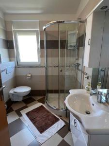 a bathroom with a shower and a toilet and a sink at Apartment Liznjan 3 in Ližnjan