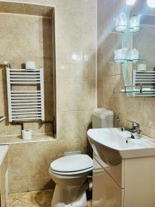 a bathroom with a white toilet and a sink at Hotel Flora in Drobeta-Turnu Severin