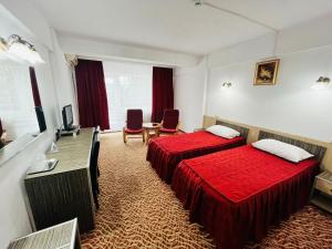 a hotel room with two beds and a television at Hotel Flora in Drobeta-Turnu Severin