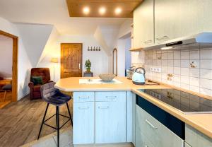 a kitchen with blue cabinets and a counter top at FeWoMaurer WG1 Dachgeschoss in Altendorf