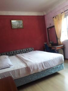 een slaapkamer met een bed met een rode muur bij Camlodge Apartments in Tanah Rata