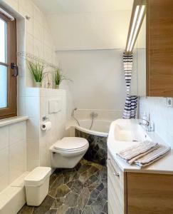 a bathroom with a toilet and a sink and a tub at FeWoMaurer WG1 Dachgeschoss in Altendorf