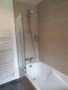 uma casa de banho com um chuveiro e uma banheira em Gîte Manoir de Kerlez em Briec