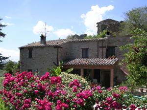 an old stone house with pink flowers in front of it at Casale San Marco B&B in Piccione