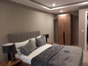 a bedroom with a bed with pillows on it at Prime Homes Gambia Luxury Apartment in Sere Kunda