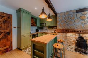 a kitchen with green cabinets and a stone wall at The Owl's Nest 2 in Velingrad