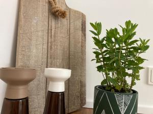 two vases sitting on a table next to a plant at Haus am Stadttor in Hattingen