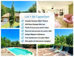 un collage de fotos de una villa con piscina en Caporizon - Villa Puy d'Aiguillon- Piscine - 6 personnes 
