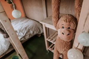 a stuffed monkey in a room with two bunk beds at Kampari in Delfstrahuizen +88 photos